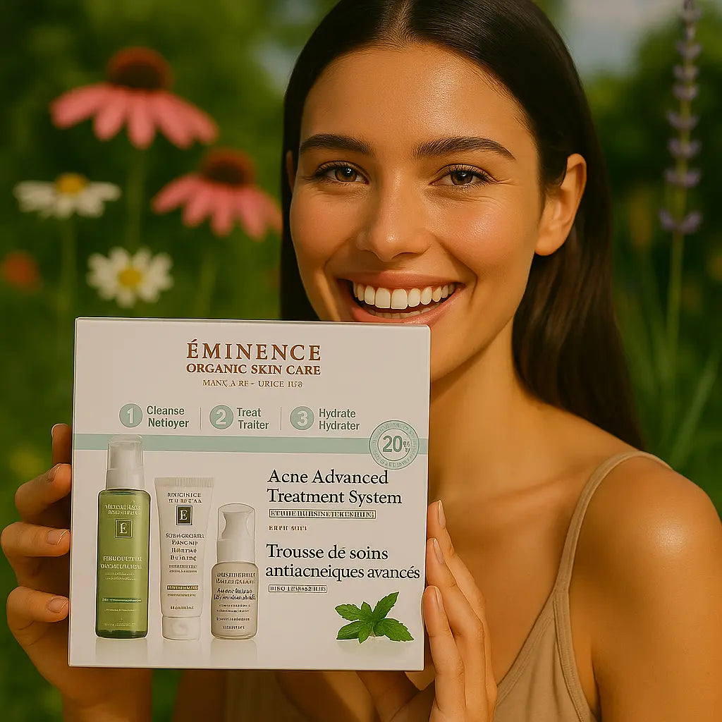 Een persoon die de Éminence Organic Skin Care Acne Advanced 3-Step Treatment System set vasthoudt, in een natuurlijke buitenomgeving met groen op de achtergrond.