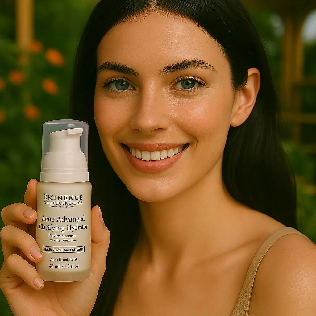 Een persoon die het Éminence Organic Skin Care Acne Advanced Clarifying Hydrator flesje vasthoudt, 48 ml, in een natuurlijke buitenomgeving met groen op de achtergrond.