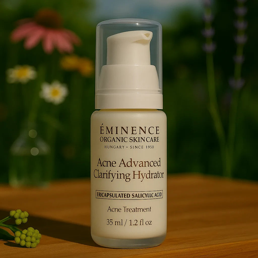 Éminence Organic Skin Care Acne Advanced Clarifying Hydrator flesje, 35 ml, op een houten ondergrond met een bloemrijke achtergrond.
