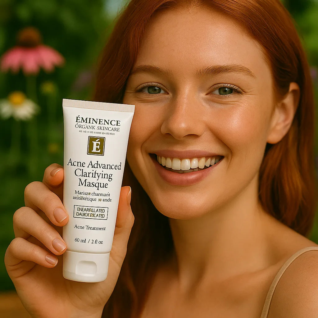 Een persoon die het Éminence Organic Skin Care Acne Advanced Clarifying Masque potje vasthoudt, in een natuurlijke buitenomgeving met groen op de achtergrond.