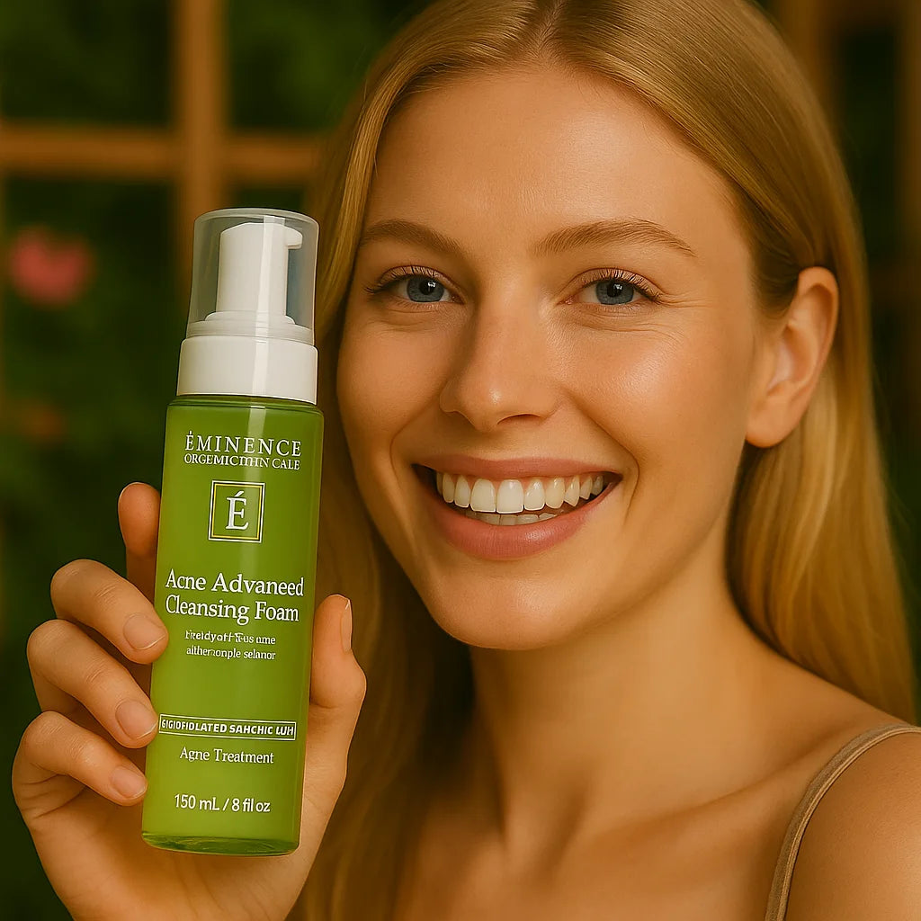 Een persoon die het Éminence Organic Skin Care Acne Advanced Cleansing Foam flesje vasthoudt, in een natuurlijke buitenomgeving met groen op de achtergrond.