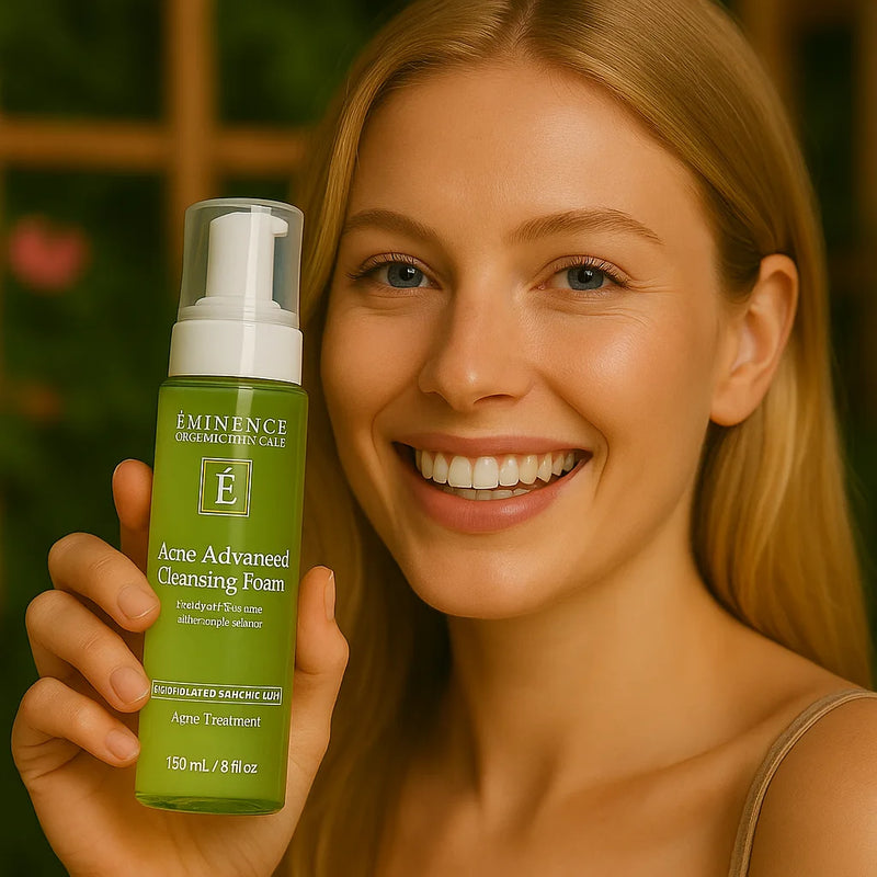 Een persoon die het Éminence Organic Skin Care Acne Advanced Cleansing Foam flesje vasthoudt, in een natuurlijke buitenomgeving met groen op de achtergrond.