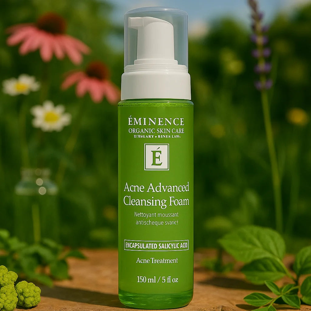 Éminence Organic Skin Care Acne Advanced Cleansing Foam flesje, op een houten ondergrond met een bloemrijke achtergrond.