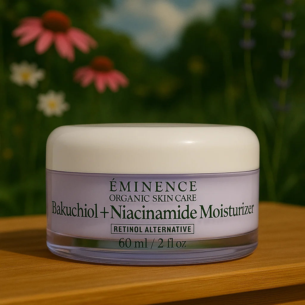 Éminence Organic Skin Care Bakuchiol + Niacinamide Moisturizer potje, op een houten ondergrond met een bloemrijke achtergrond.