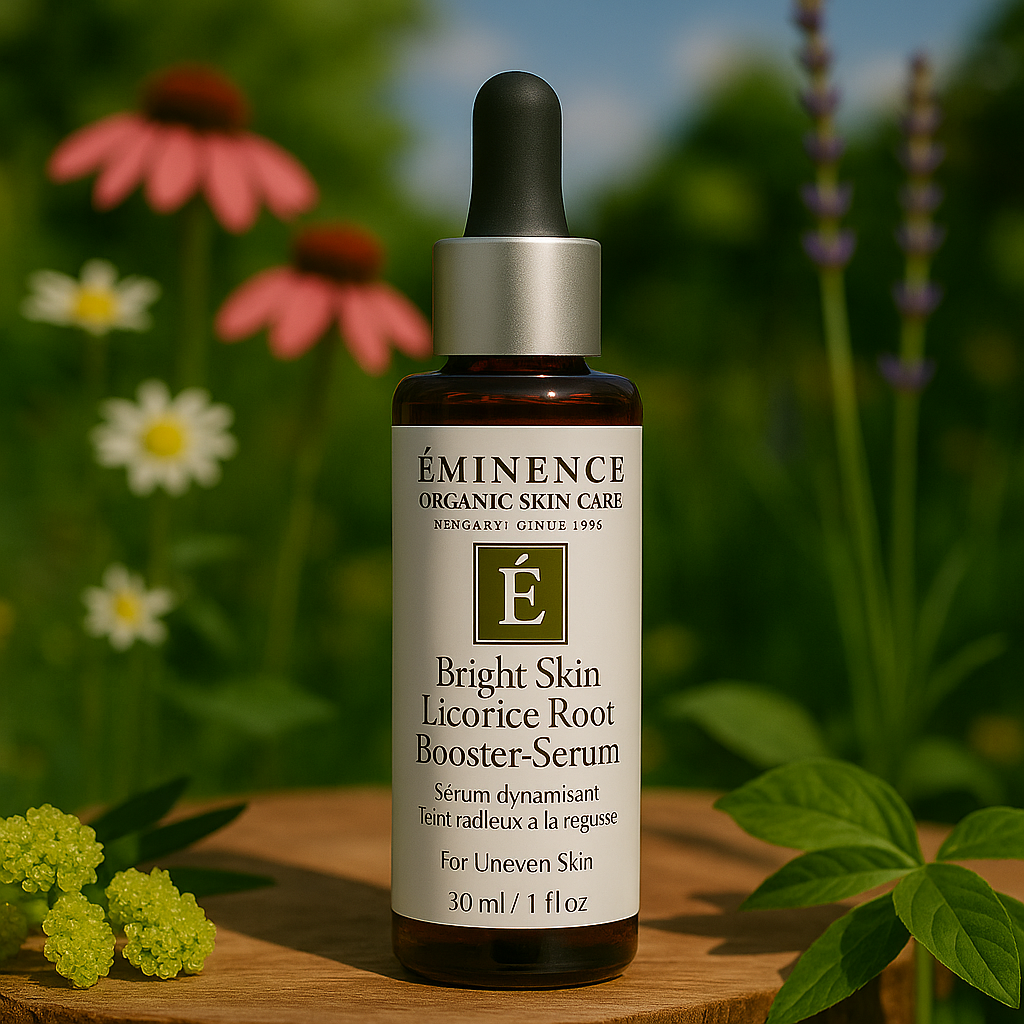 Éminence Organic Skin Care Bright Skin Licorice Root Booster-Serum flesje, op een houten ondergrond met een bloemrijke achtergrond.