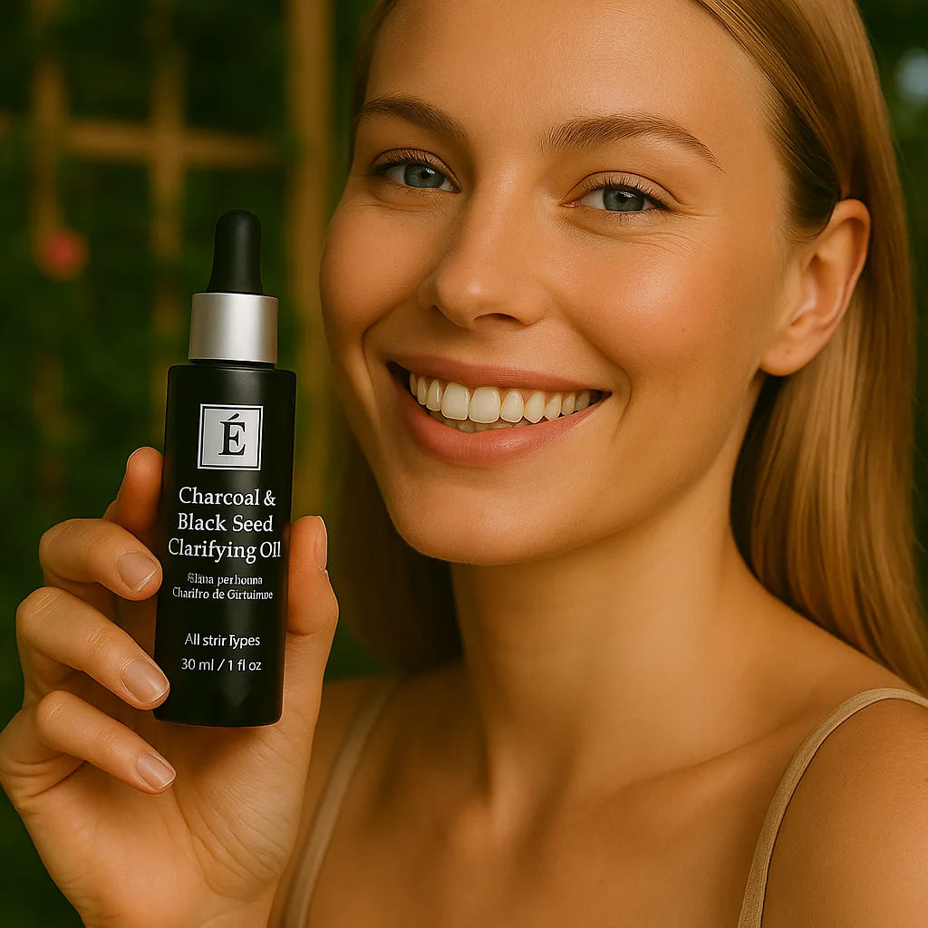 Een persoon die het Éminence Organic Skin Care Charcoal & Black Seed Clarifying Oil flesje vasthoudt, in een natuurlijke buitenomgeving met groen op de achtergrond.