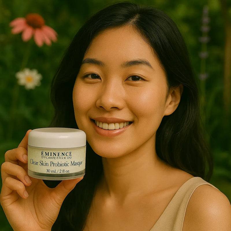 Een persoon die het Éminence Organic Skin Care Clear Skin Probiotic Masque potje vasthoudt, in een natuurlijke buitenomgeving met groen op de achtergrond.
