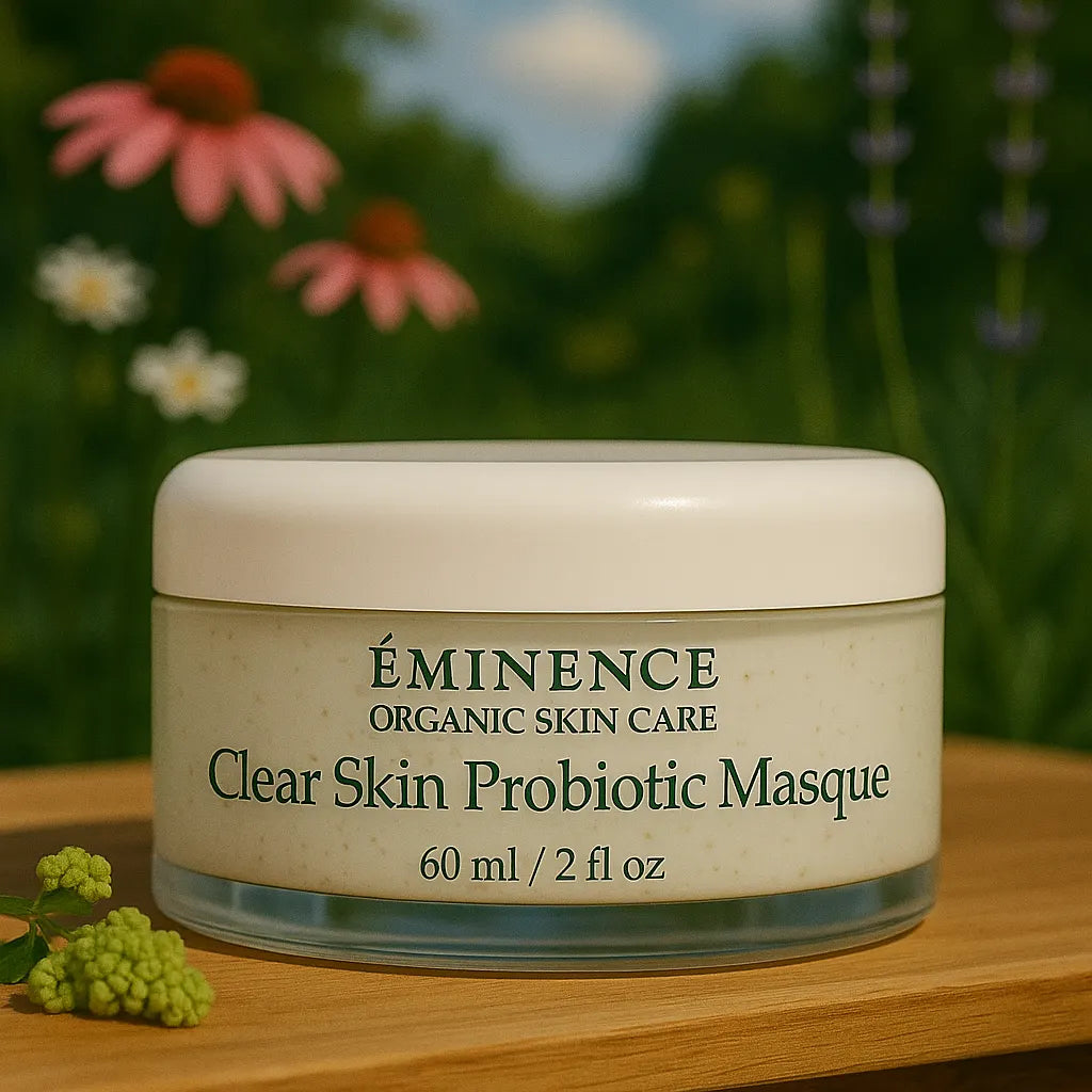 Éminence Organic Skin Care Clear Skin Probiotic Masque potje, op een houten ondergrond met een bloemrijke achtergrond.