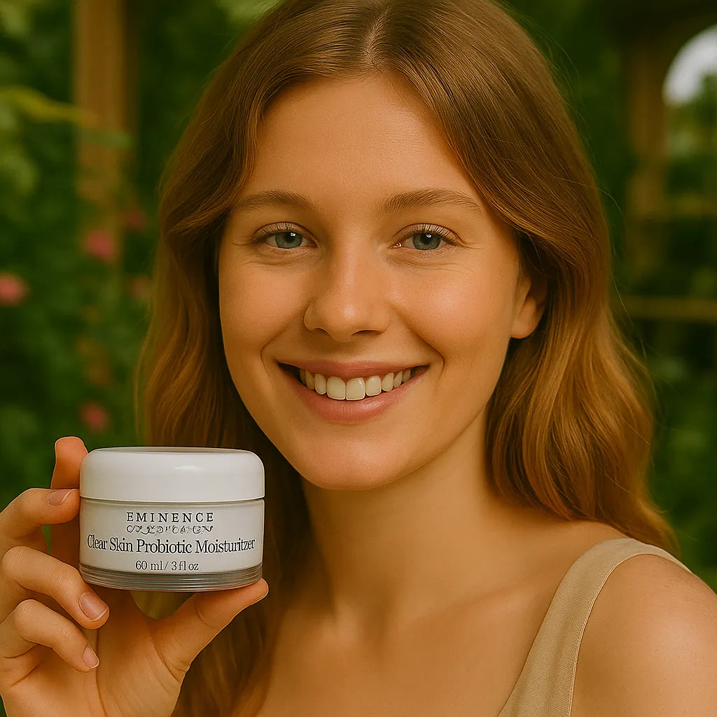 Een persoon die het Éminence Organic Skin Care Clear Skin Probiotic Moisturizer potje vasthoudt, in een natuurlijke buitenomgeving met groen op de achtergrond.