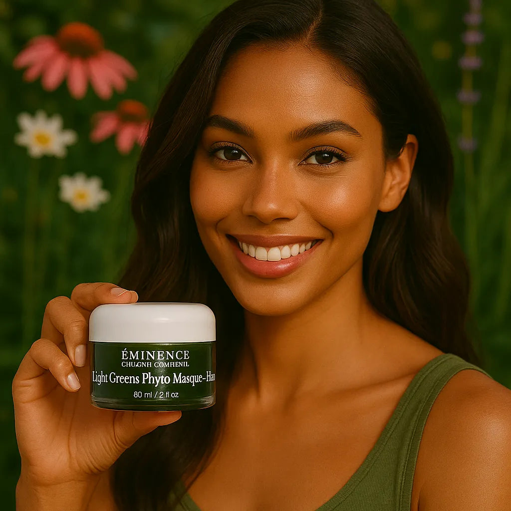 Een persoon die het Éminence Organic Skin Care Eight Greens Phyto Masque - Hot potje vasthoudt, in een natuurlijke buitenomgeving met groen op de achtergrond.