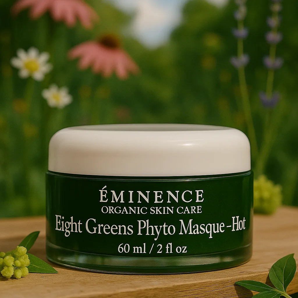 Éminence Organic Skin Care Eight Greens Phyto Masque - Hot potje, op een houten ondergrond met een bloemrijke achtergrond.