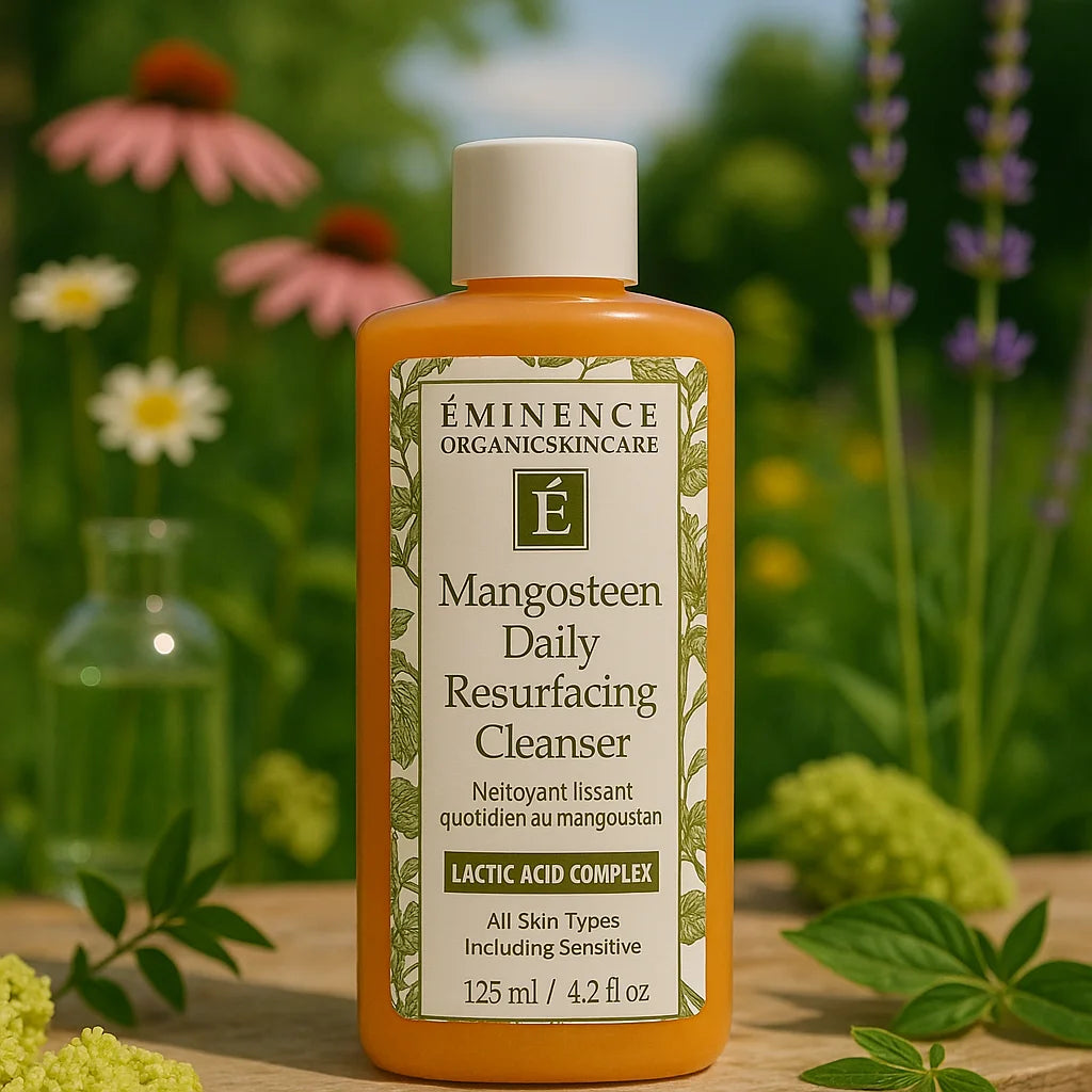 Éminence Organic Skin Care Mangosteen Daily Resurfacing Cleanser flesje, op een houten ondergrond met een bloemrijke achtergrond.