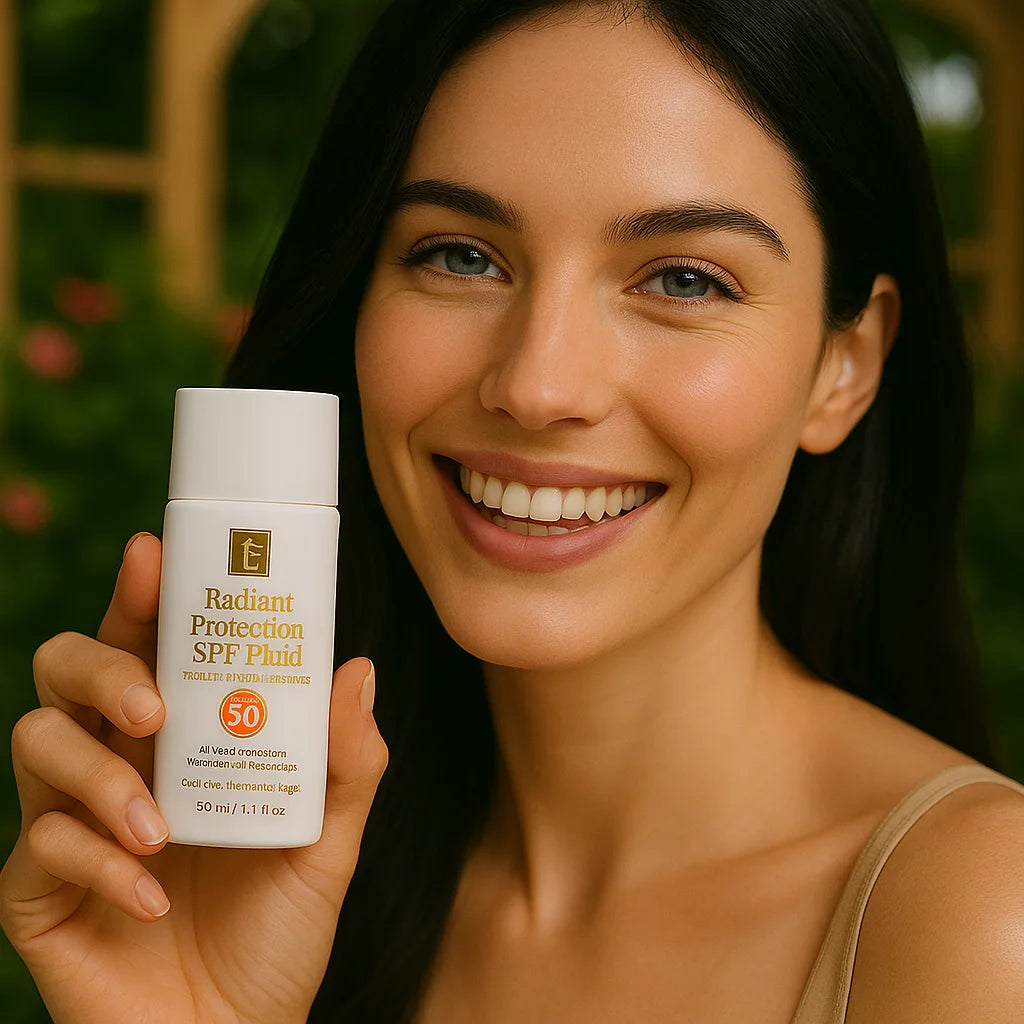 Een persoon die het Éminence Organic Skin Care Radiant Protection SPF Fluid flesje vasthoudt, in een natuurlijke buitenomgeving met groen op de achtergrond.