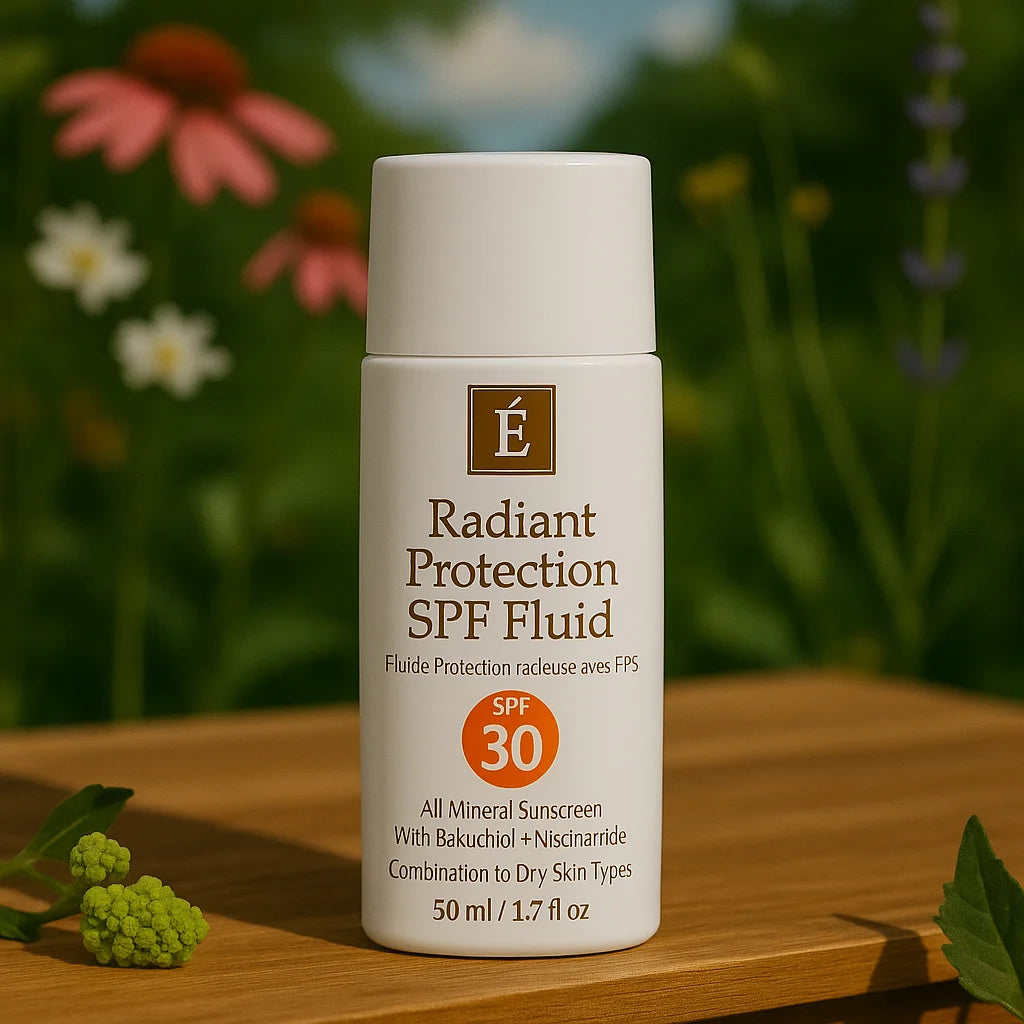 Éminence Organic Skin Care Radiant Protection SPF Fluid flesje, op een houten ondergrond met een bloemrijke achtergrond.