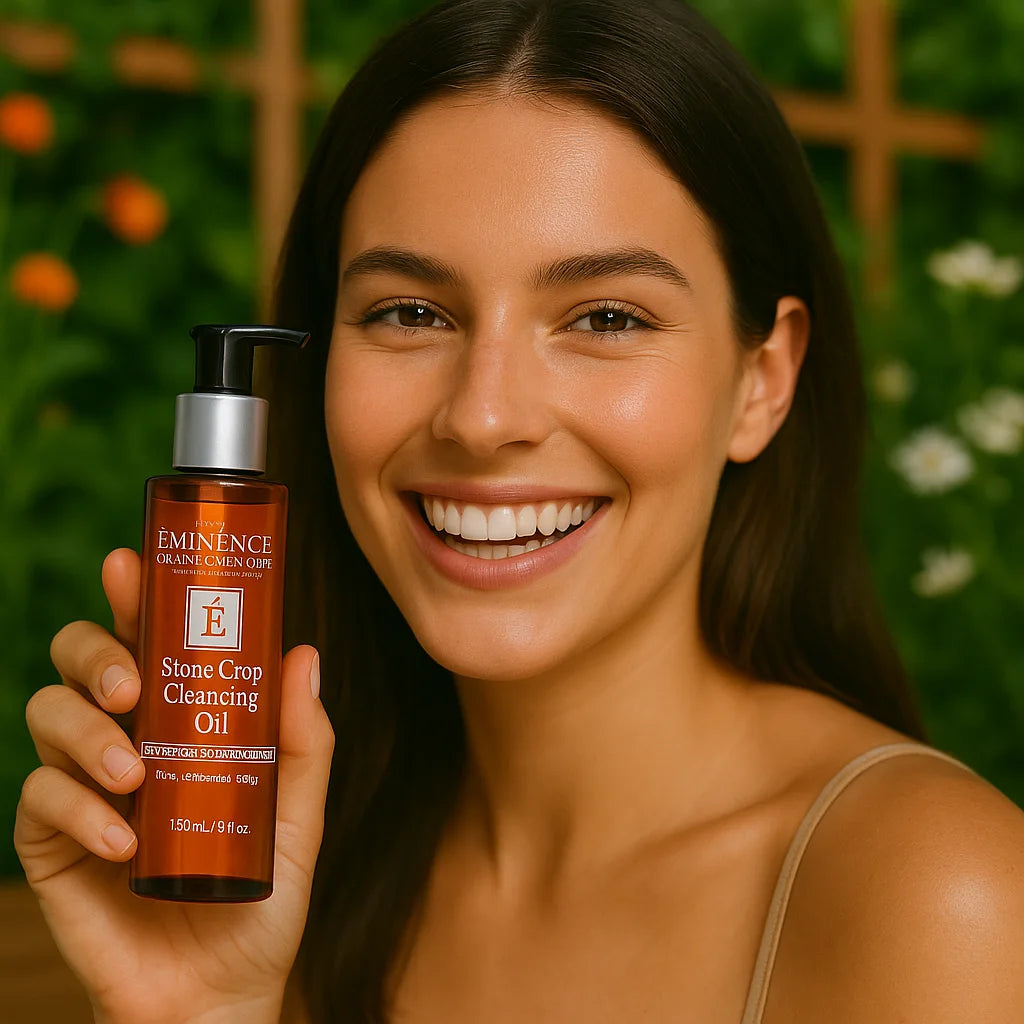 Een persoon die het Éminence Organic Skin Care Stone Crop Cleansing Oil flesje vasthoudt, in een natuurlijke buitenomgeving met groen op de achtergrond.