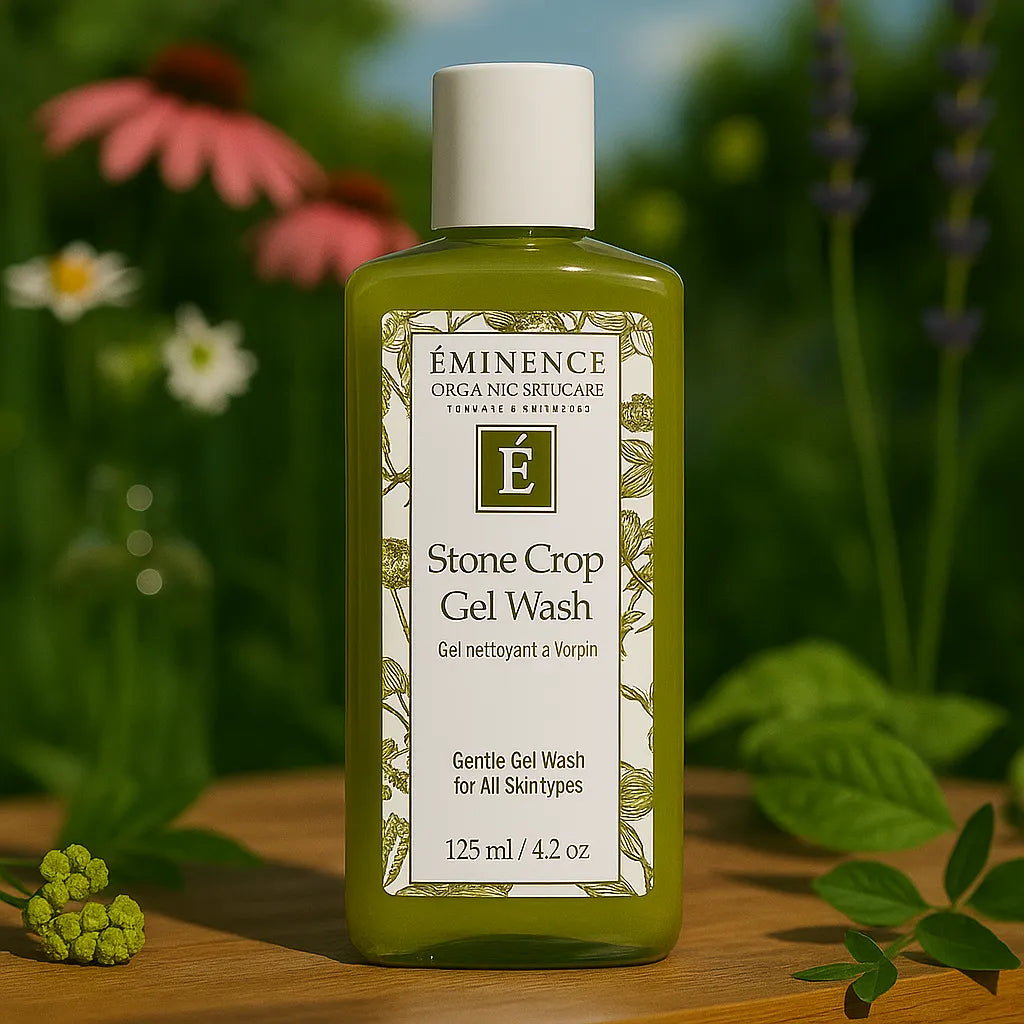 Een persoon die het Éminence Organic Skin Care Stone Crop Gel Wash flesje vasthoudt, in een natuurlijke buitenomgeving met groen op de achtergrond.