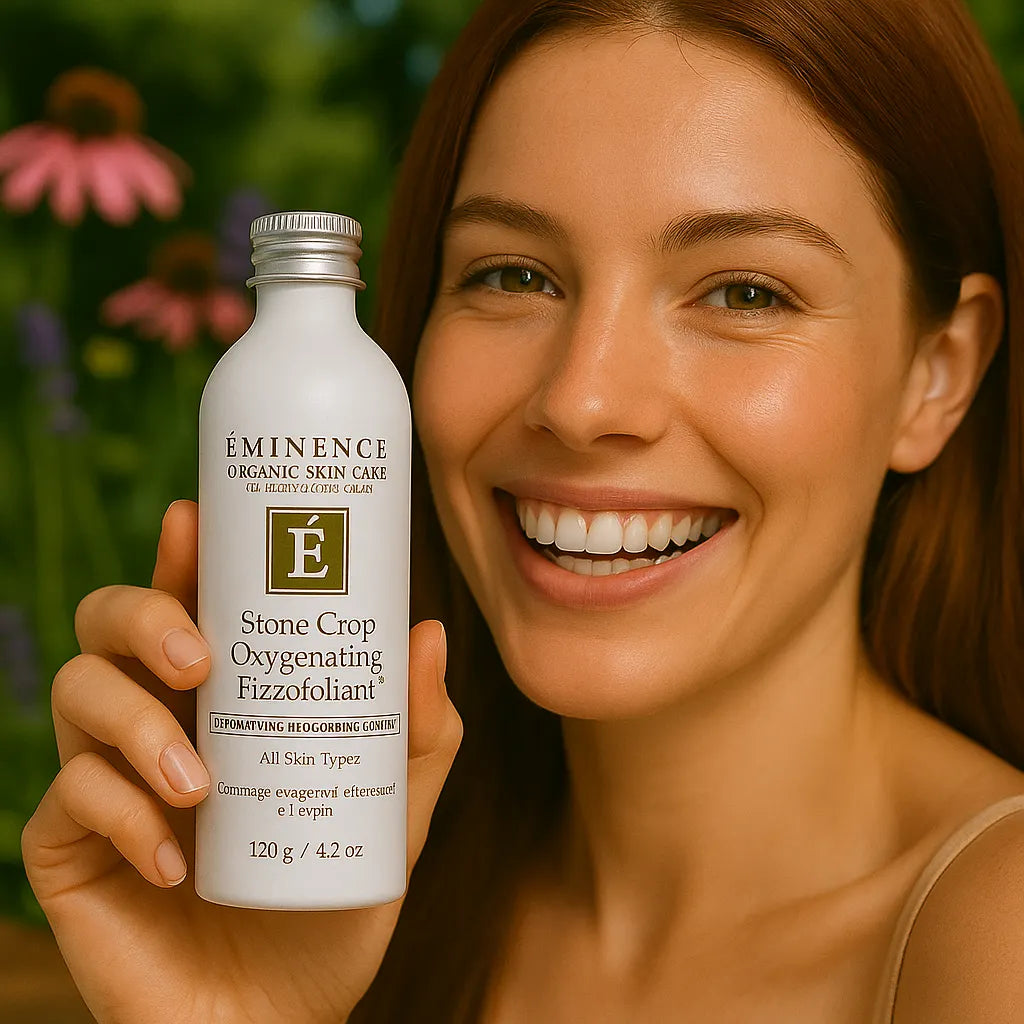 Een persoon die het Éminence Organic Skin Care Stone Crop Oxygenating Fizzofoliant potje vasthoudt, in een natuurlijke buitenomgeving met groen op de achtergrond.