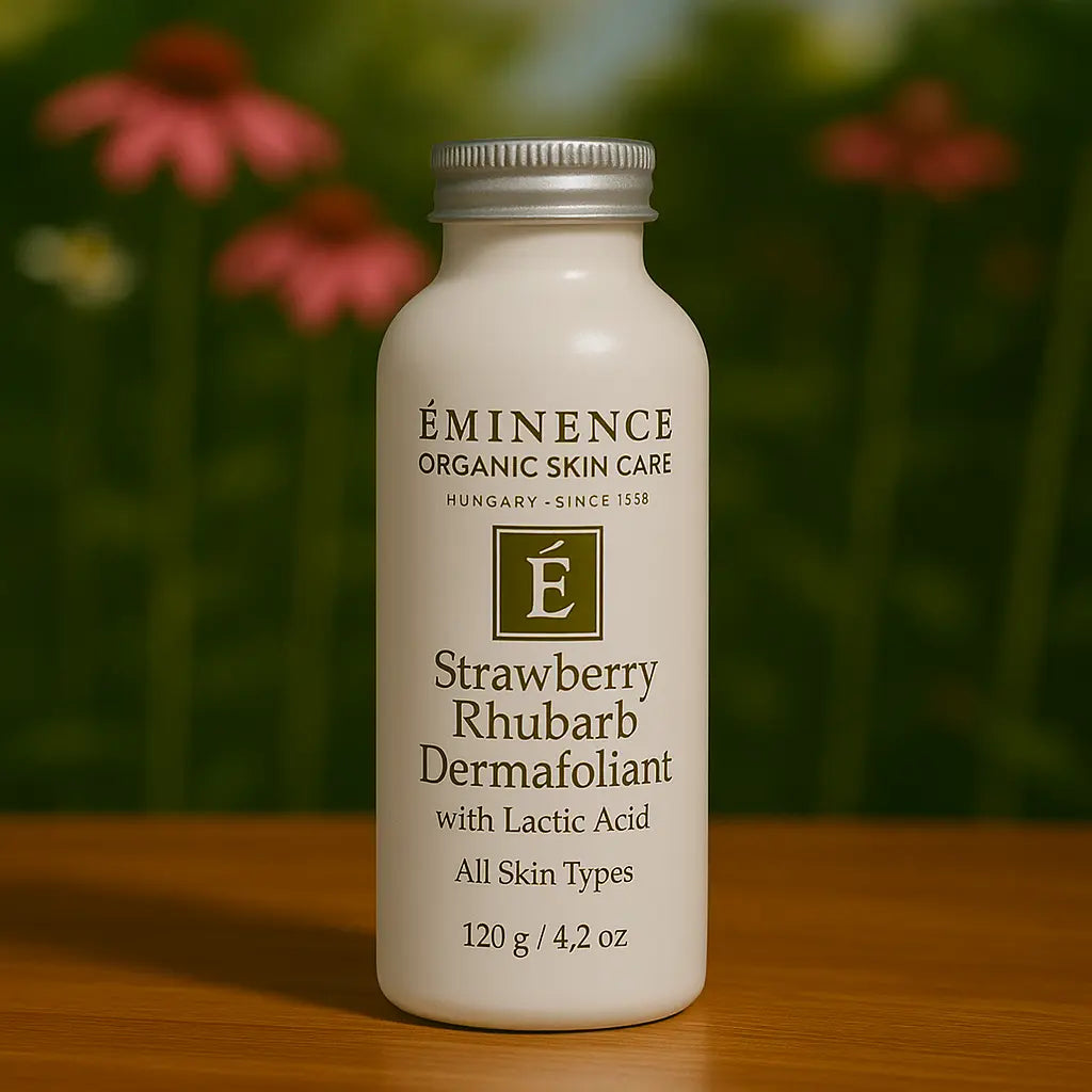 Eminence Organics Strawberry Rhubarb Dermafoliant potje, 120 g, op een rustieke houten ondergrond met aardbeien- en rabarberplanten op de achtergrond.