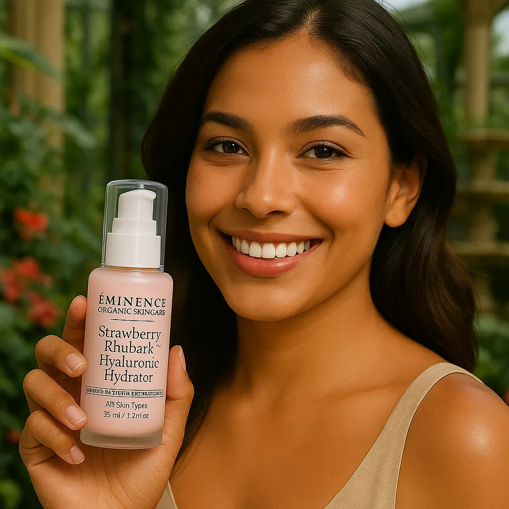 Een persoon die het Éminence Organic Skin Care Strawberry Rhubarb Hyaluronic Hydrator potje vasthoudt, in een natuurlijke buitenomgeving met groen op de achtergrond.