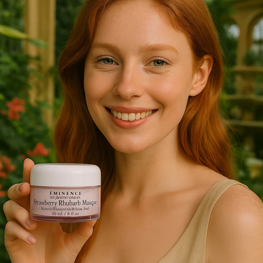 Een persoon die het Éminence Organic Skin Care Strawberry Rhubarb Masque potje vasthoudt, in een natuurlijke buitenomgeving met groen op de achtergrond.