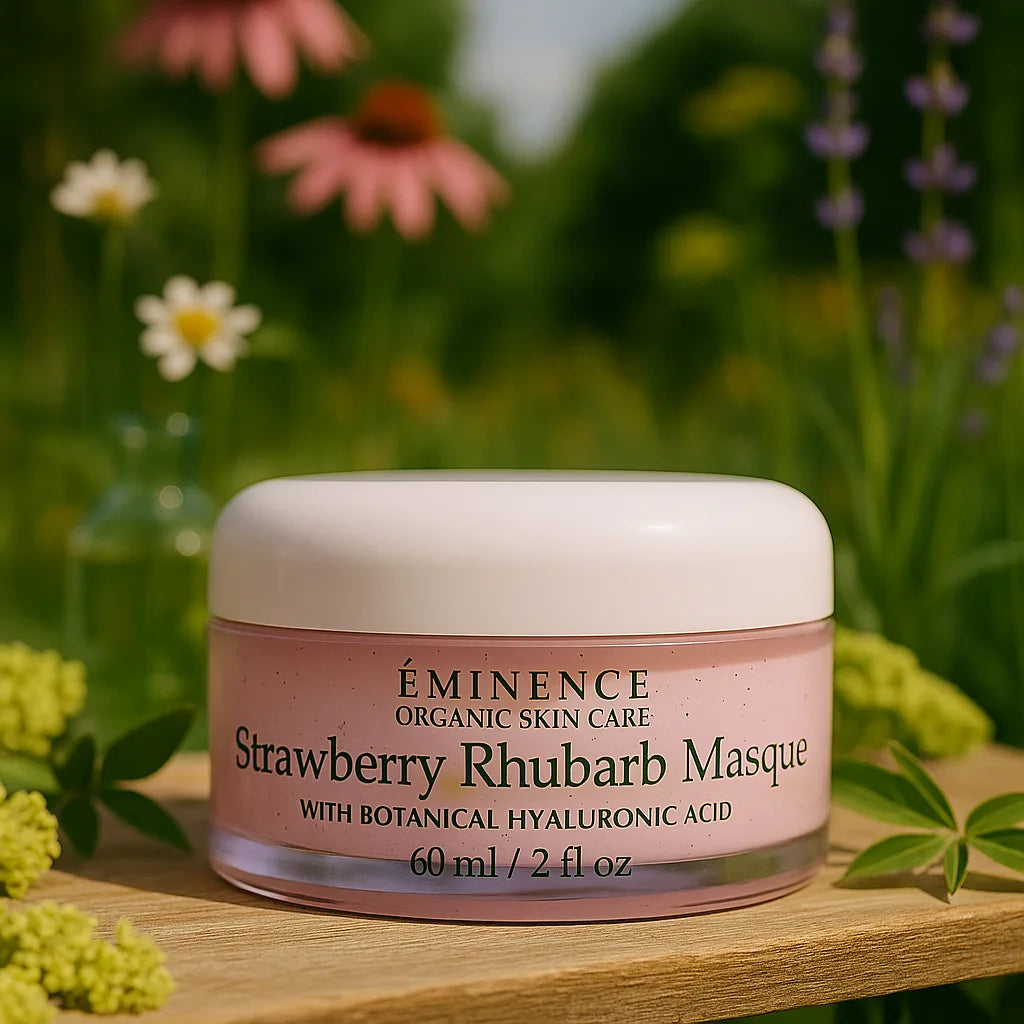 Éminence Organic Skin Care Strawberry Rhubarb Masque potje, op een houten ondergrond met een bloemrijke achtergrond.