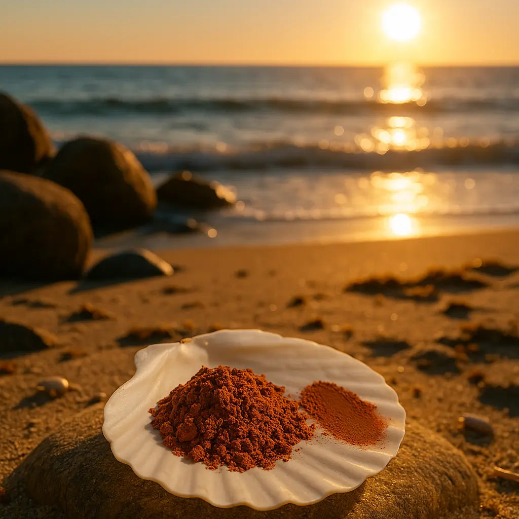 Éminence Organics Sun Defense Minerals Deep 5 g poeder en swatch op een witte schelp aan een zonnige kustlijn, voor gevoelige huid