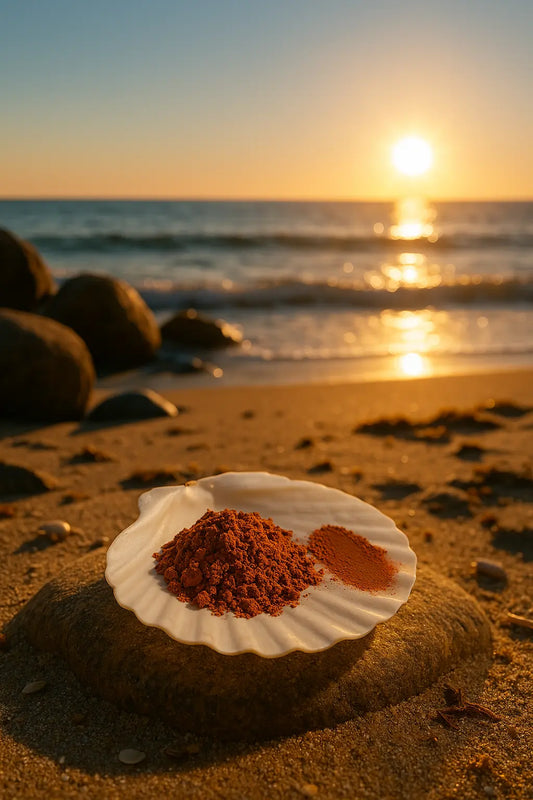 Éminence Organics Sun Defense Minerals Deep 5 g poeder en swatch op een witte schelp aan een zonnige kustlijn, voor gevoelige huid