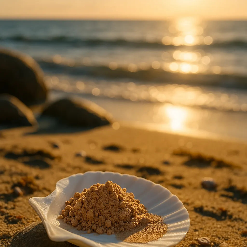 Éminence Organics Sun Defense Minerals Fair 5 g poeder en swatch op een witte schelp aan een zonnige kustlijn, voor gevoelige huid