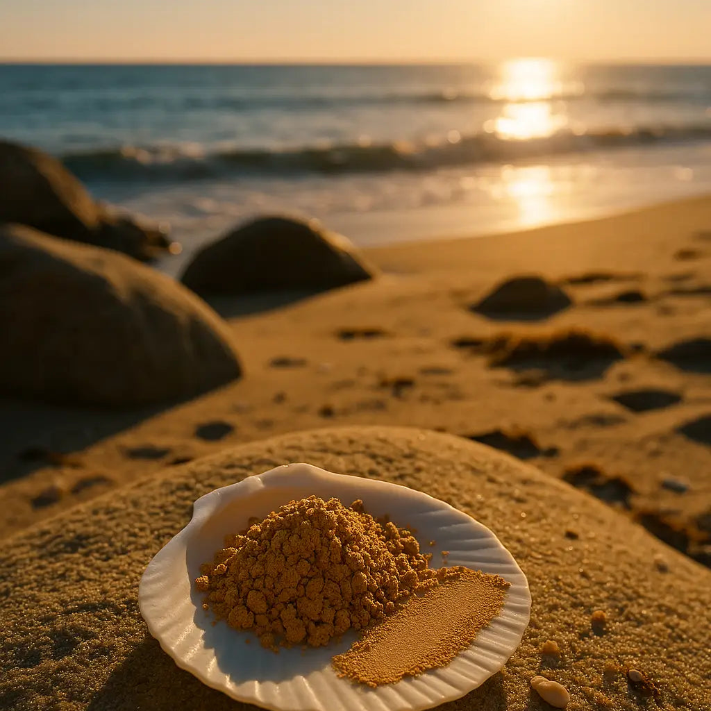 Éminence Organics Sun Defense Minerals Light 5 g poeder en swatch op een witte schelp aan een zonnige kustlijn, voor gevoelige huid