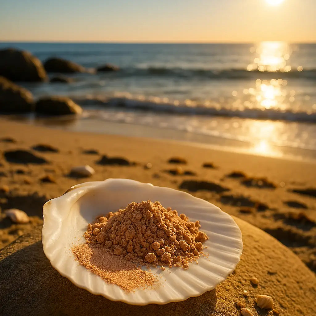 Éminence Organics Sun Defense Minerals Medium 5 g poeder en swatch op een witte schelp aan een zonnige kustlijn, voor gevoelige huid