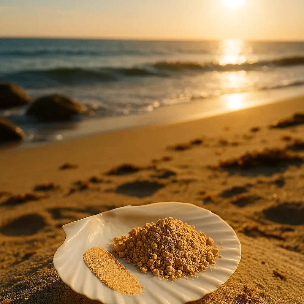 Éminence Organics Sun Defense Minerals Sheer 5 g poeder en swatch op een witte schelp aan een zonnige kustlijn, voor gevoelige huid