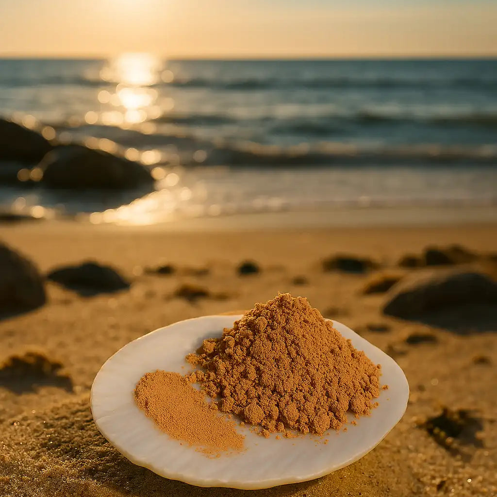 Éminence Organics Sun Defense Minerals Tan 5 g poeder en swatch op een witte schelp aan een zonnige kustlijn, voor gevoelige huid