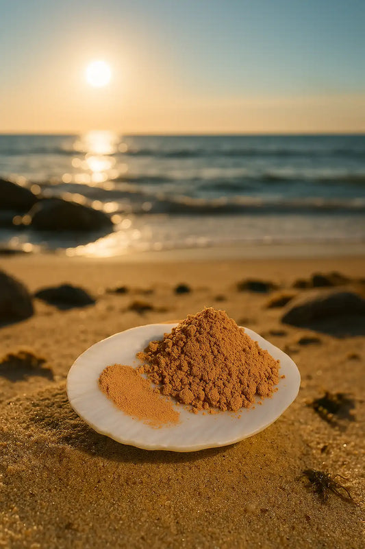 Éminence Organics Sun Defense Minerals Tan 5 g poeder en swatch op een witte schelp aan een zonnige kustlijn, voor gevoelige huid