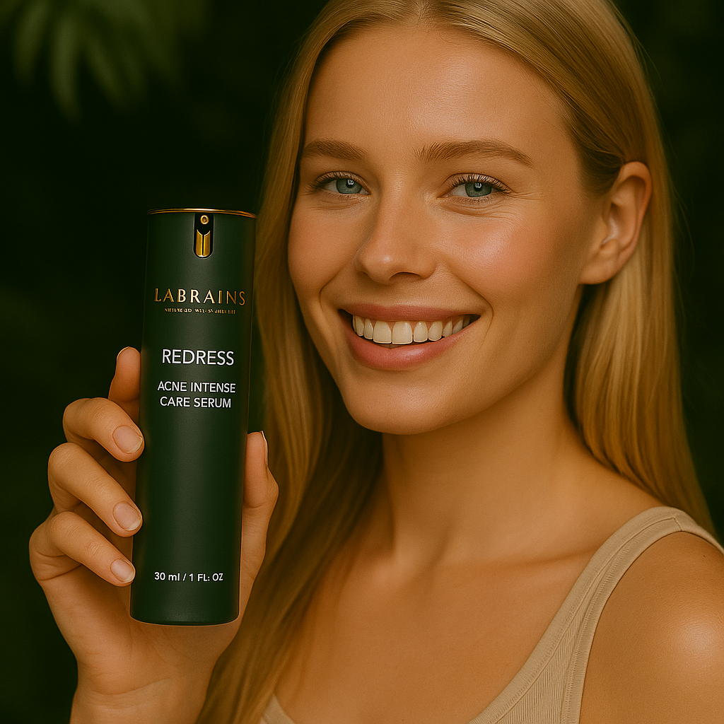 Een persoon die het Labrains Acne Care Serum flesje, 30 ml, vasthoudt, in een natuurlijke jungle-setting met een waterval en groene foliage op de achtergrond.