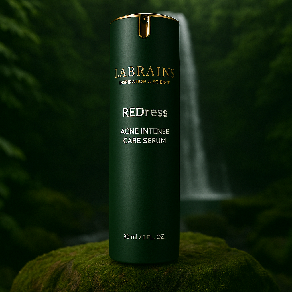 Labrains Acne Care Serum flesje, 30 ml, op een mossige rots met een waterval en groene jungle-achtergrond.