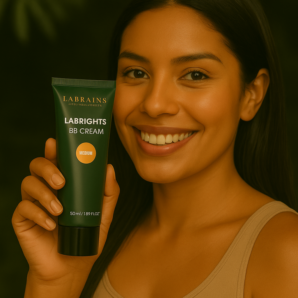 Een persoon die de Labrains BB Cream Medium with Olive Undertone tube, 50 ml, vasthoudt, in een natuurlijke jungle-setting met een waterval en groene foliage op de achtergrond.