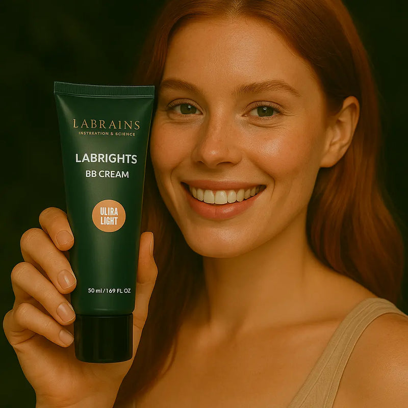 Een persoon die de Labrains BB Cream Ultra Light with Cold Undertones tube vasthoudt, in een natuurlijke jungle-setting met een waterval en groene foliage op de achtergrond.