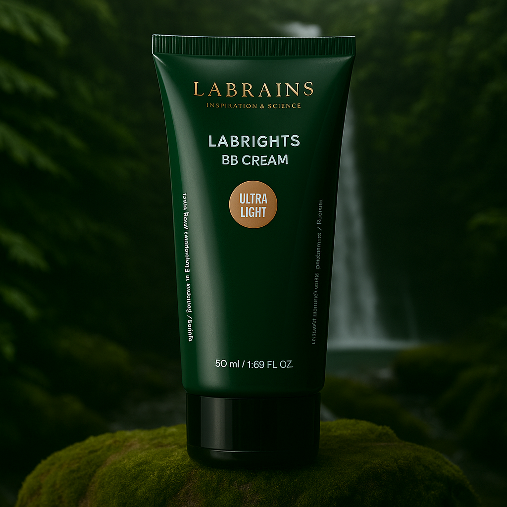 Labrains BB Cream Ultra Light with Cold Undertones tube, op een mossige rots met een waterval en groene jungle-achtergrond.