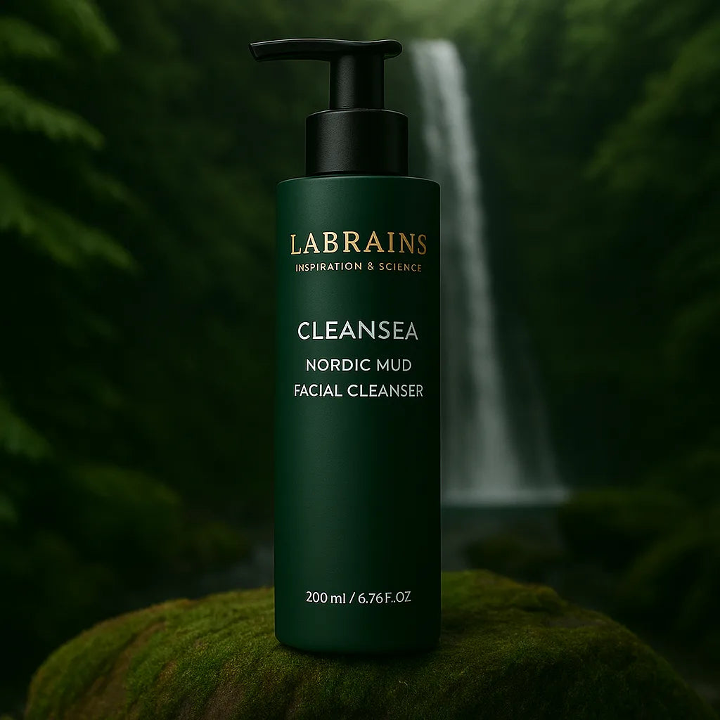 Labrains Nordic Mud Facial Skin Cleansing Gel flesje, 250 ml, op een mossige rots met een waterval en groene jungle-achtergrond.
