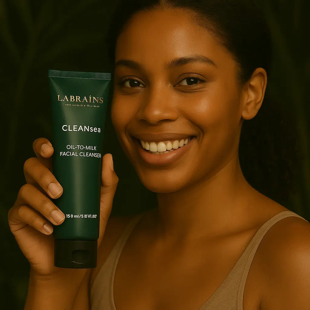 Een persoon die het Labrains Oil to Milk Face Cleanser flesje, 150 ml, vasthoudt, in een natuurlijke jungle-setting met een waterval en groene foliage op de achtergrond.