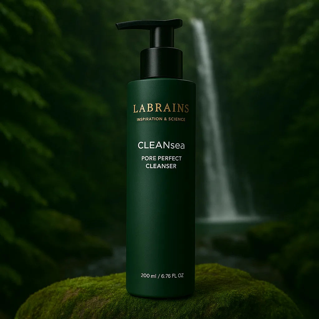 Labrains Pore Perfect Cleanser flesje, 200 ml, op een mossige rots met een waterval en groene jungle-achtergrond.