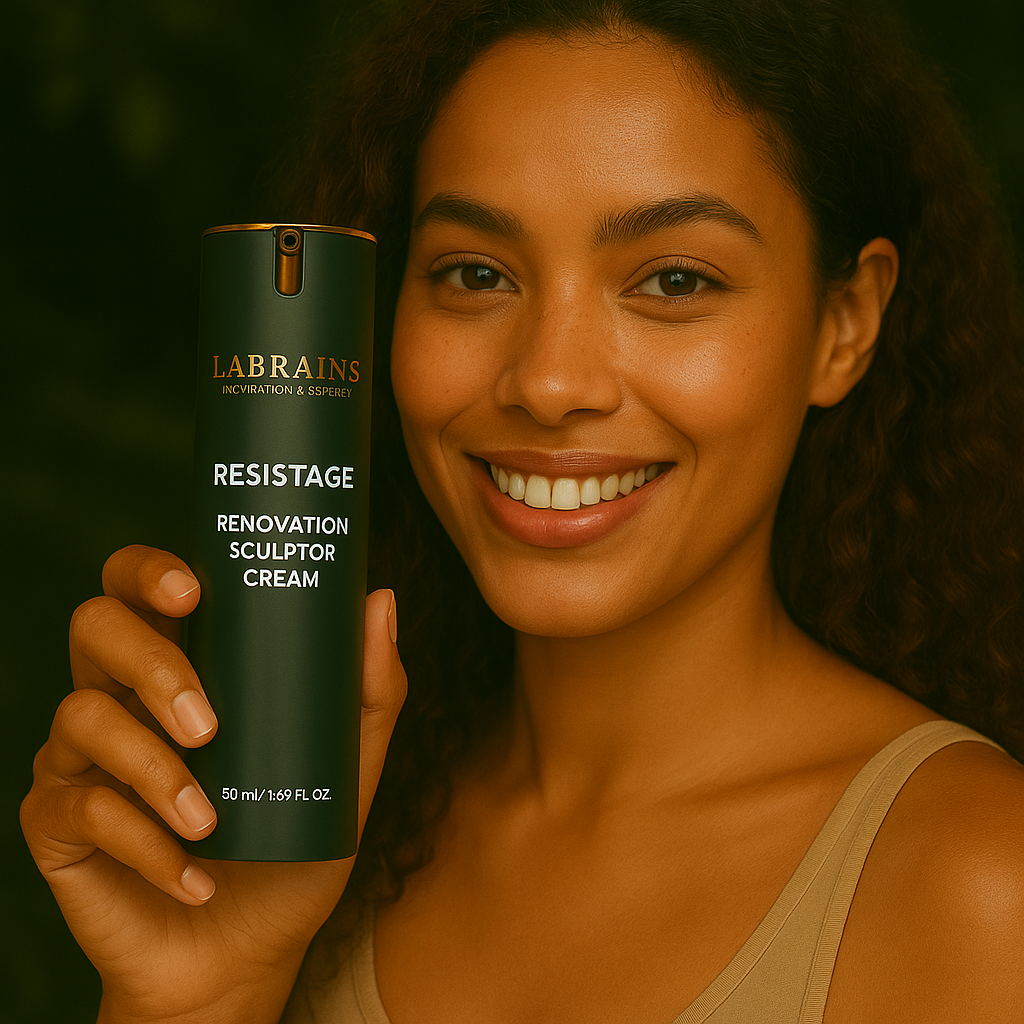 Een persoon die het Labrains Renovation Sculptor Cream potje, 50 ml, vasthoudt, in een natuurlijke jungle-setting met een waterval en groene foliage op de achtergrond.