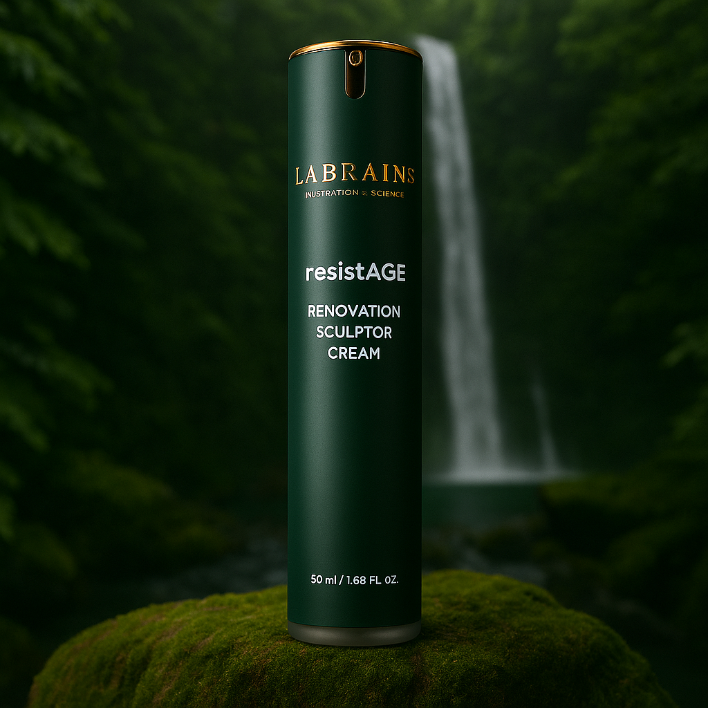 Labrains Renovation Sculptor Cream potje, 50 ml, op een mossige rots met een waterval en groene jungle-achtergrond.