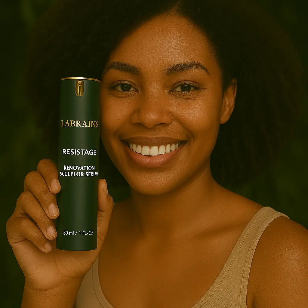 Een persoon die het Labrains Renovation Sculptor Serums Sejas Ādas Atjaunošanai flesje, 30 ml, vasthoudt, in een natuurlijke jungle-setting met een waterval en groene foliage op de achtergrond.