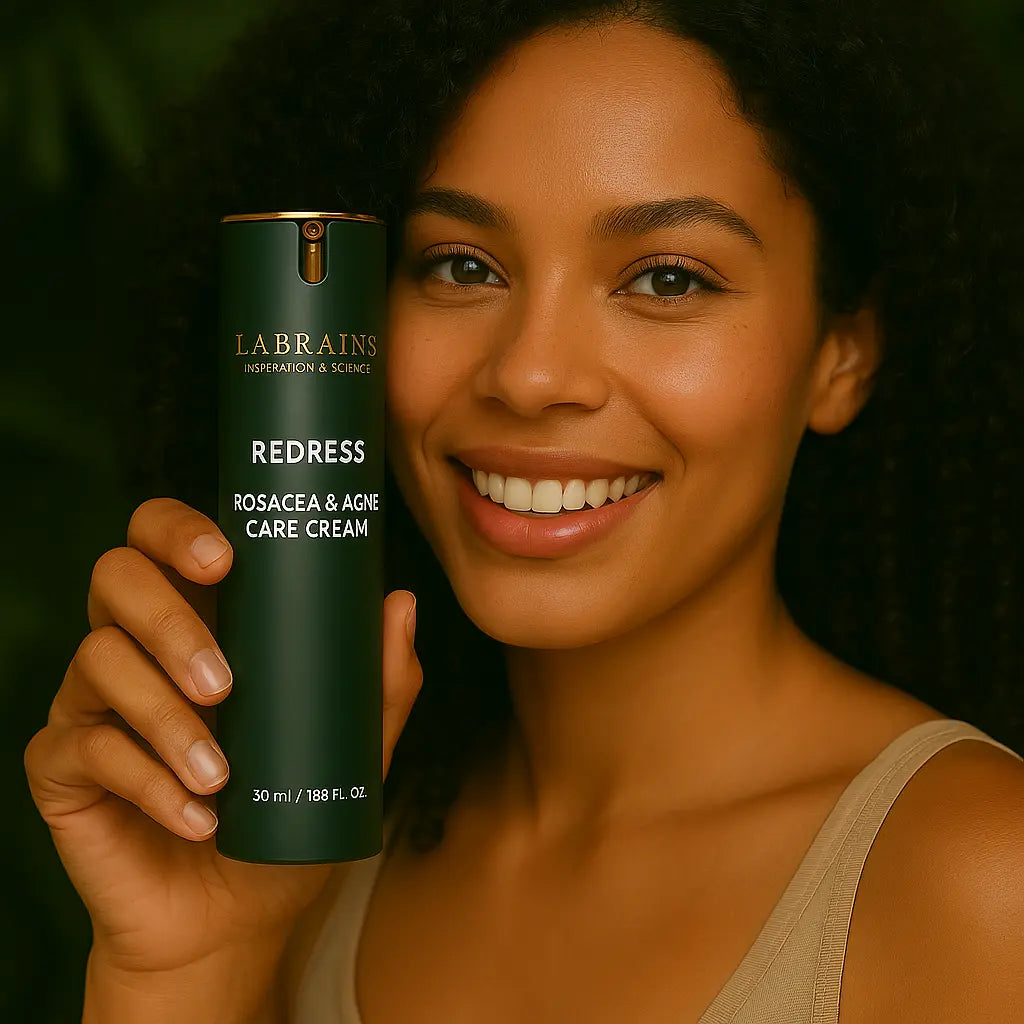 Een persoon die het Labrains Rosacea and Acne Care Cream potje, 50 ml, vasthoudt, in een natuurlijke jungle-setting met een waterval en groene foliage op de achtergrond.