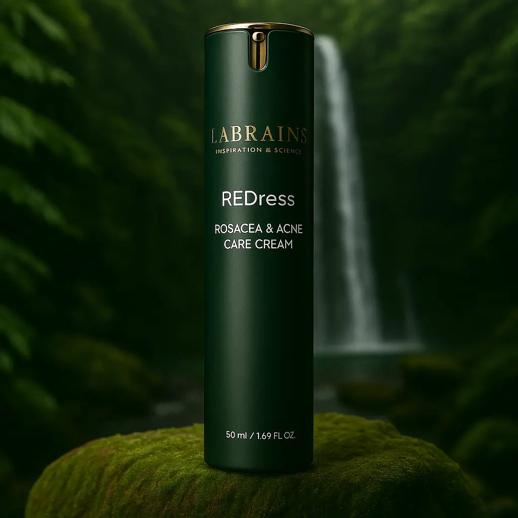 Labrains Rosacea and Acne Care Cream potje, 50 ml, op een mossige rots met een waterval en groene jungle-achtergrond.