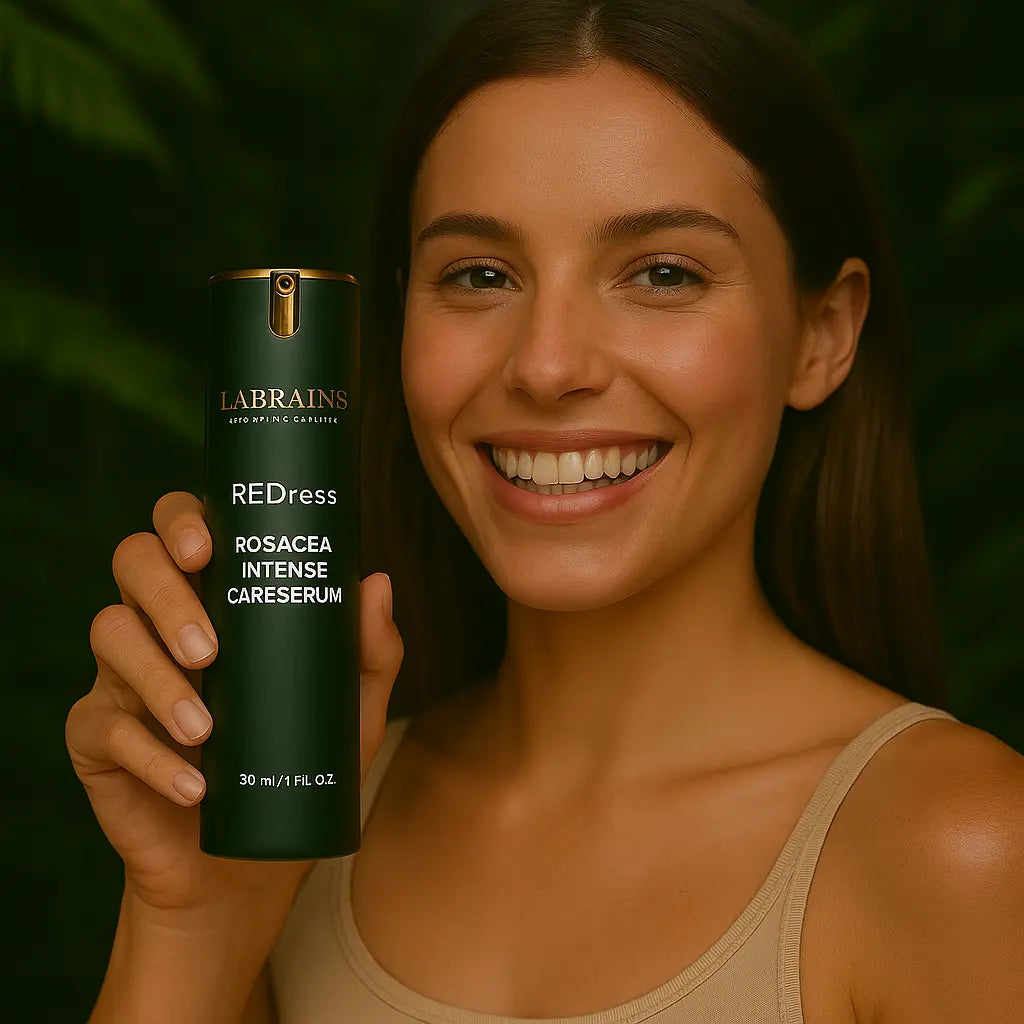 Een persoon die het Labrains Rosacea Care Serum flesje, 30 ml, vasthoudt, in een natuurlijke jungle-setting met een waterval en groene foliage op de achtergrond.