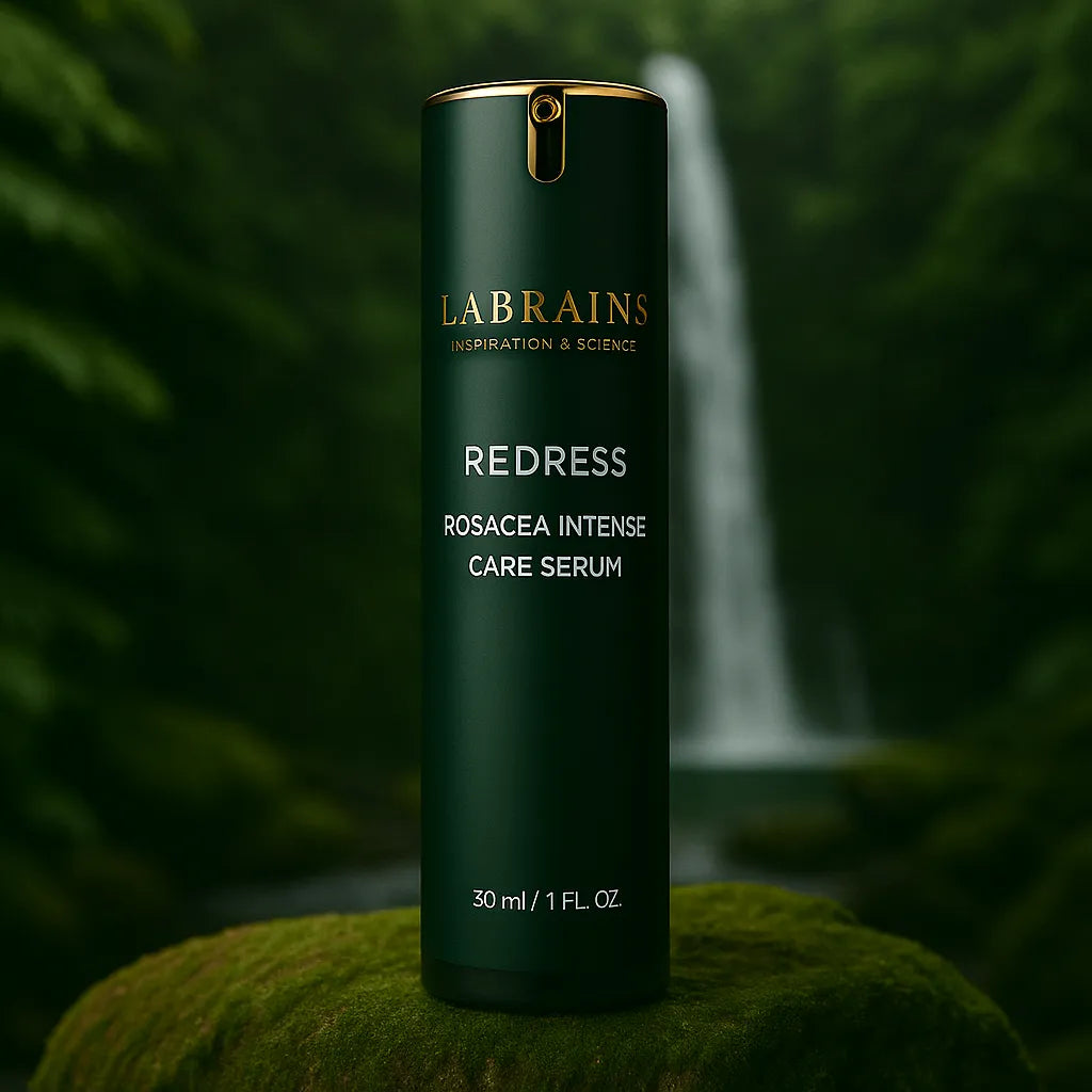 Labrains Rosacea Care Serum flesje, 30 ml, op een mossige rots met een waterval en groene jungle-achtergrond.