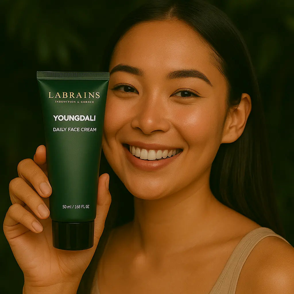 Een persoon die het Labrains Youngdali Ikdienas Sejas Krems (Daily Face Cream) potje vasthoudt, in een natuurlijke jungle-setting met een waterval en groene foliage op de achtergrond.