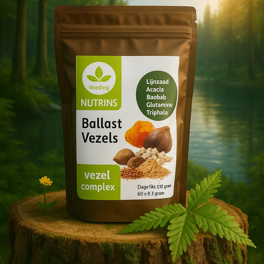 Nutrins Ballast Vezels verpakking, 60 x 8,3 gram, op een mossige boomstronk met een rustige rivier en groene bosrijke achtergrond.